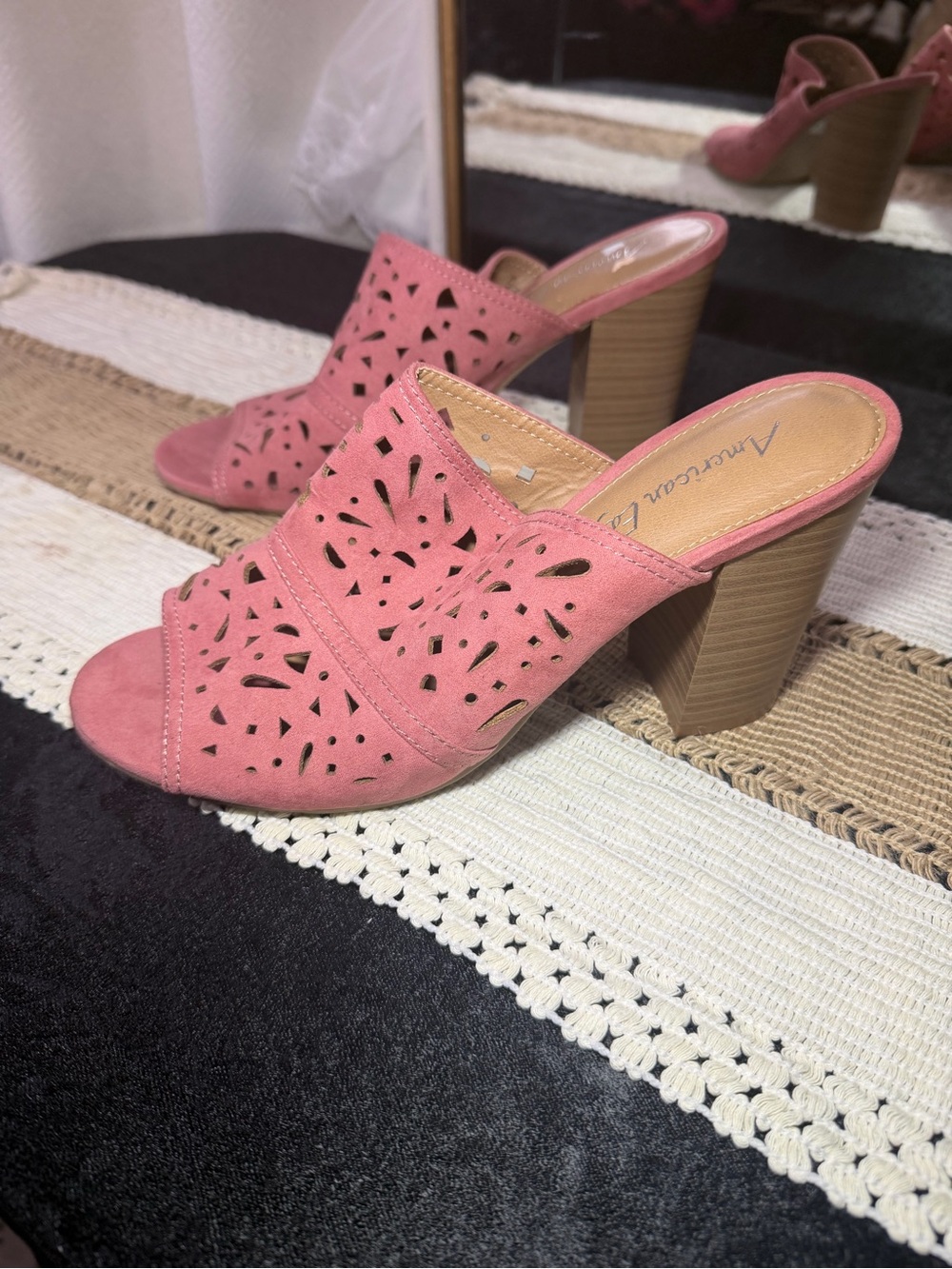 American Eagle Outfitters Pink Laser-Cut Suede Block Heel Mules